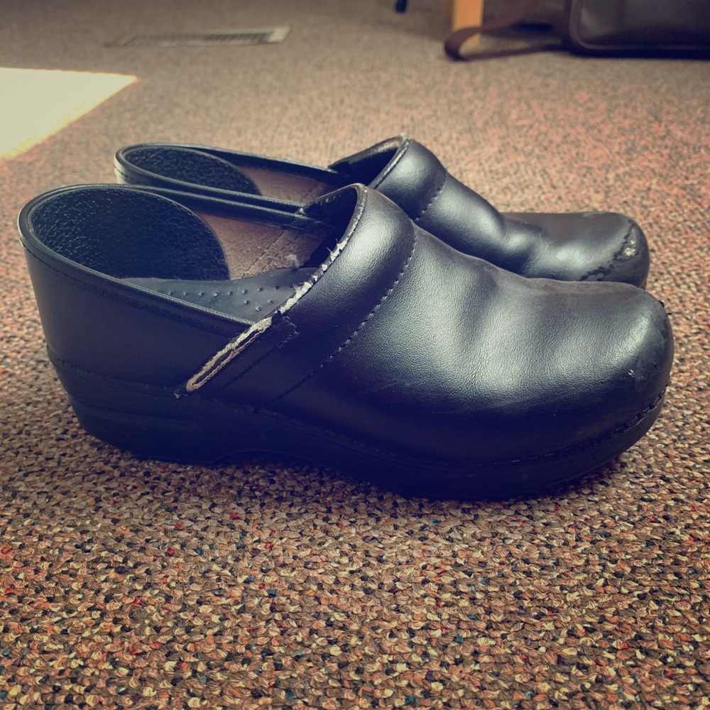 Dansko black leather clogs slip on